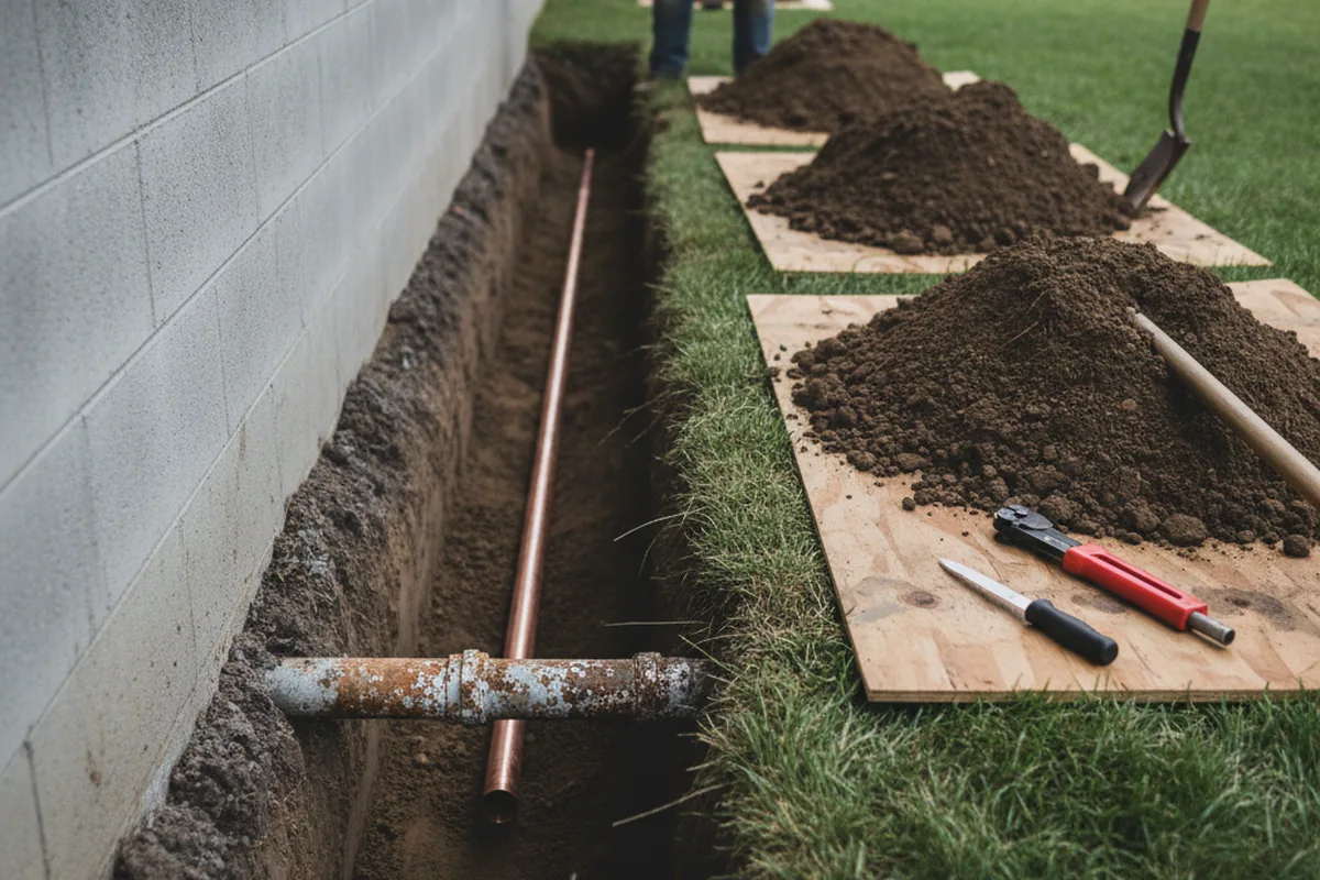 Excavated water line trench during Water Softener Installation in Mcloud